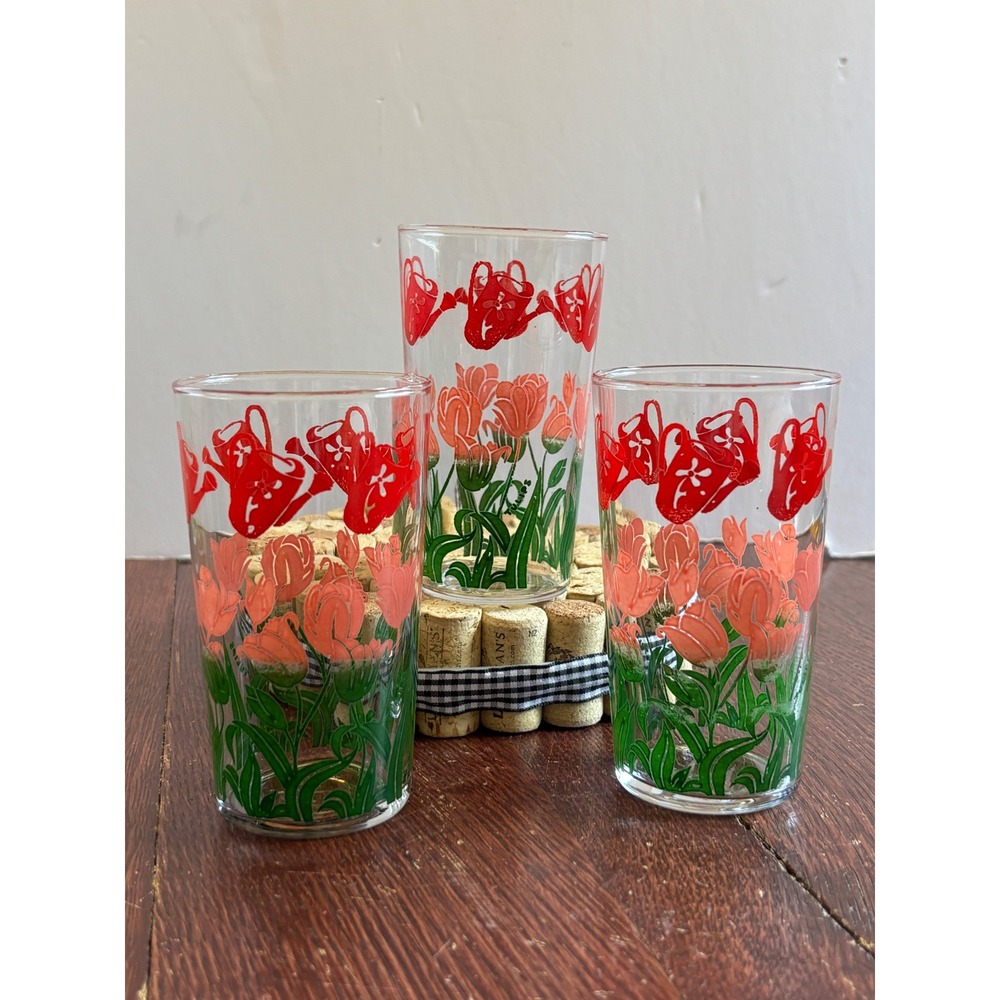 Vintage Tulip and Watering Can Juice Glasses Set of 3 Retro Garden Drinkware